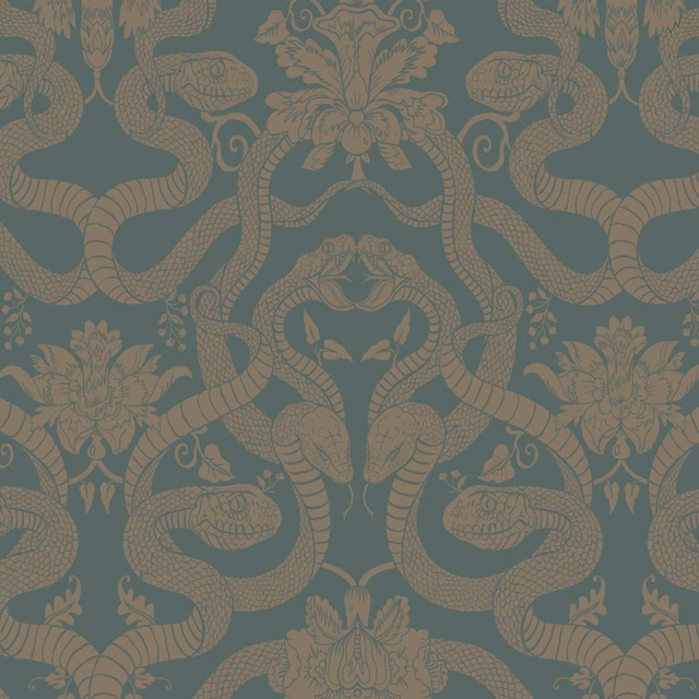 Muted eucalyptus wallpaper with taupe snakes, mirrored flowers and detailed botanical linework