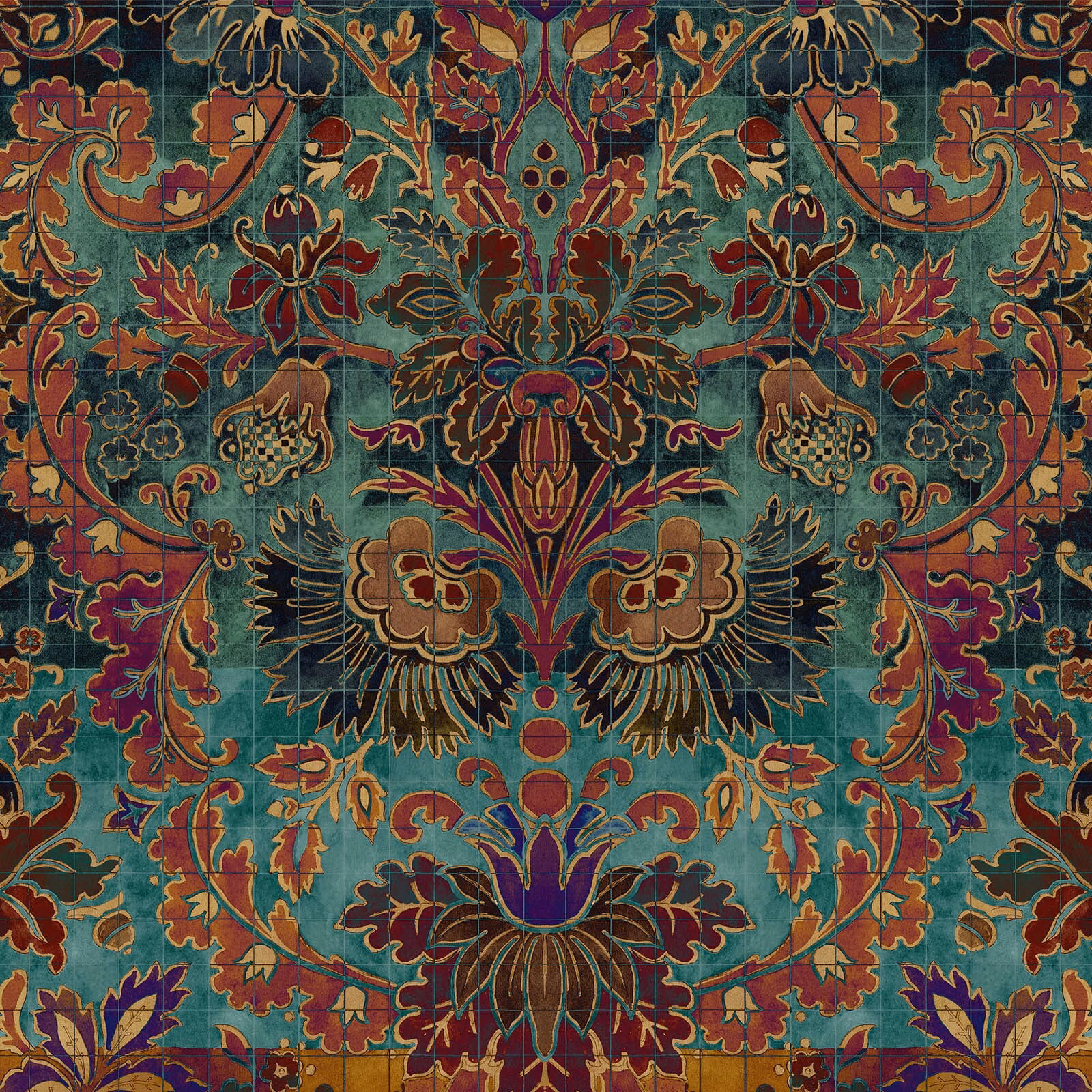 Symmetrical botanical wallpaper in deep teal with rust, burgundy and ochre ornament