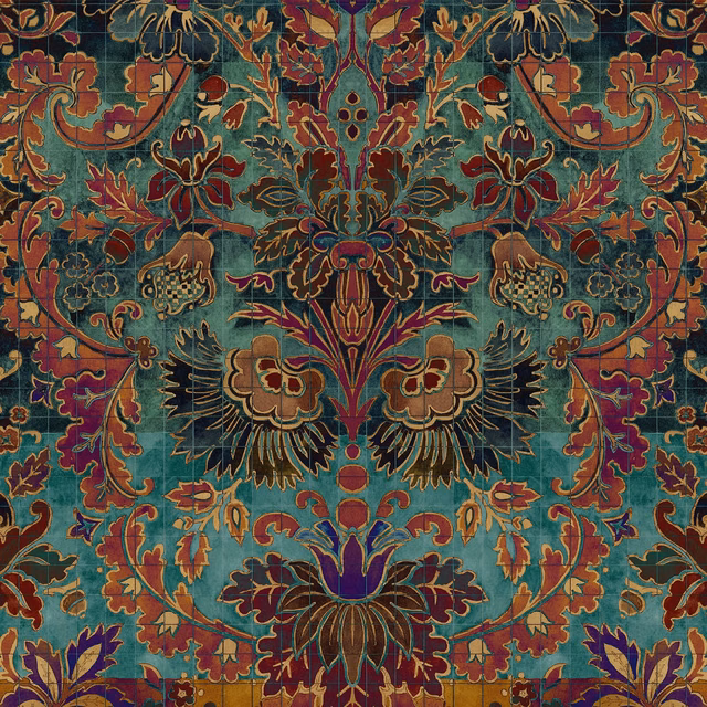 Symmetrical botanical wallpaper in deep teal with rust, burgundy and ochre ornament
