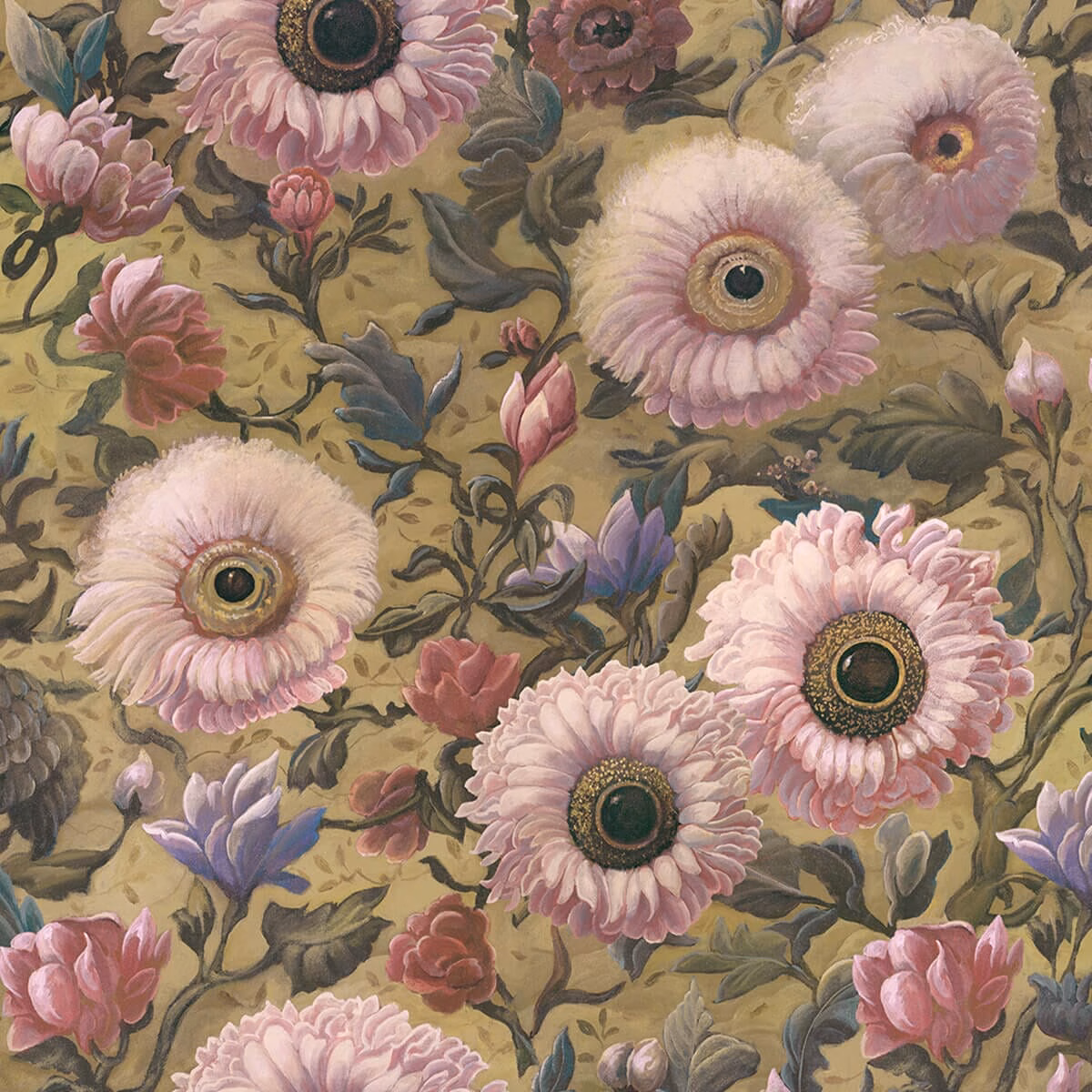 Aurelian wallpaper with blush pink flowers and dark foliage on an olive ground