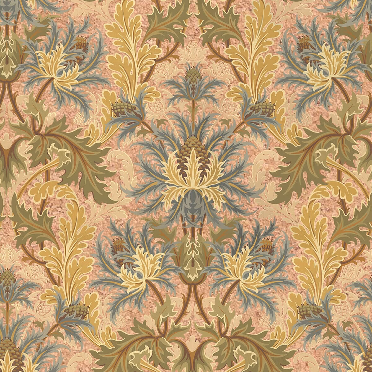 Blush-peach wallpaper with ornate olive, blue and ochre symmetrical botanical sprays