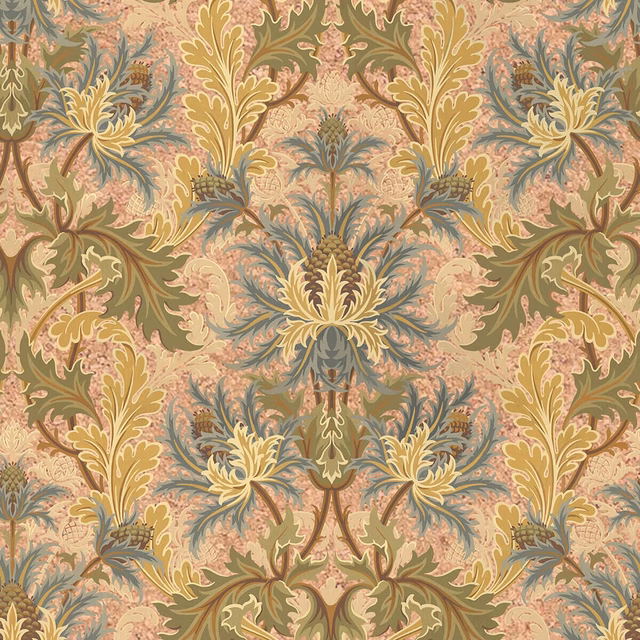 Blush-peach wallpaper with ornate olive, blue and ochre symmetrical botanical sprays