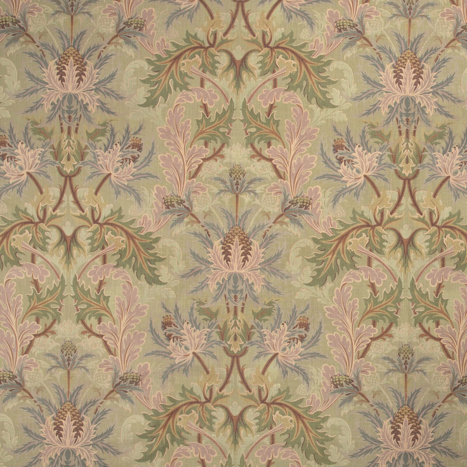 Muted apple-green wallpaper with dusty pink and sage botanical sprays
