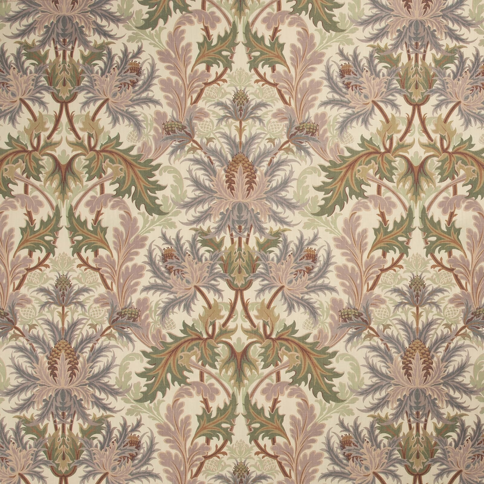 Ecru wallpaper with symmetrical botanical sprays in olive, blush, taupe and blue-grey