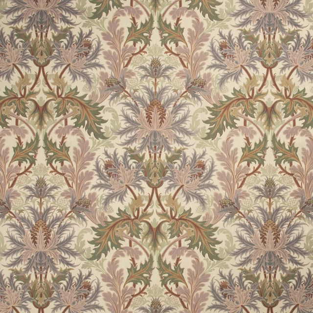 Ecru wallpaper with symmetrical botanical sprays in olive, blush, taupe and blue-grey