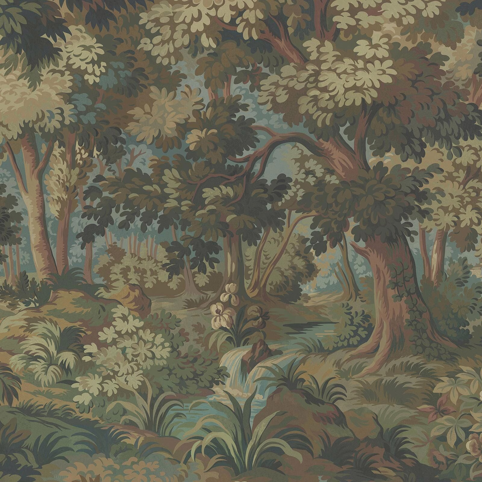 Muted olive and brown woodland wallpaper with blue-grey shadows and layered trees