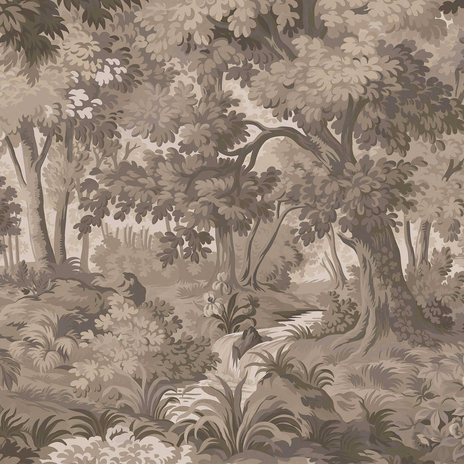 Layered taupe woodland wallpaper with dense foliage, trees and a winding stream
