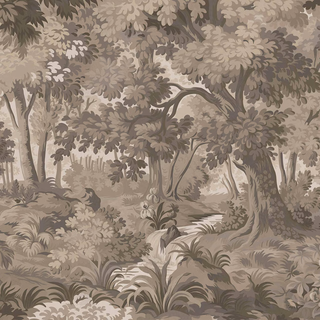 Layered taupe woodland wallpaper with dense foliage, trees and a winding stream