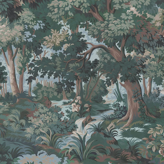 Dense Euphorbia woodland mural in forest green, blue-grey, sage and brown