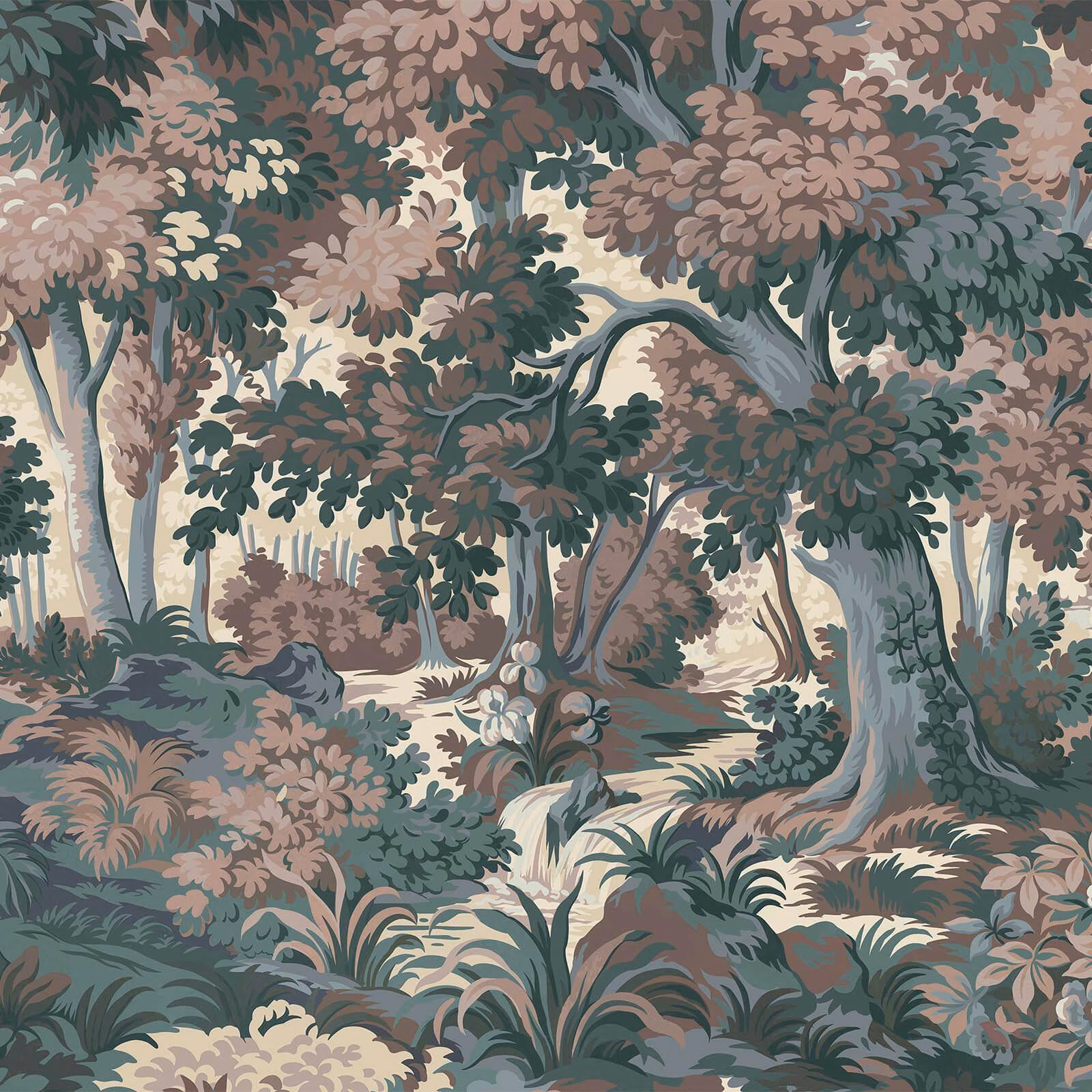 Tourmaline woodland wallpaper with blue-green trees, dusty rose flowers and cream clearings