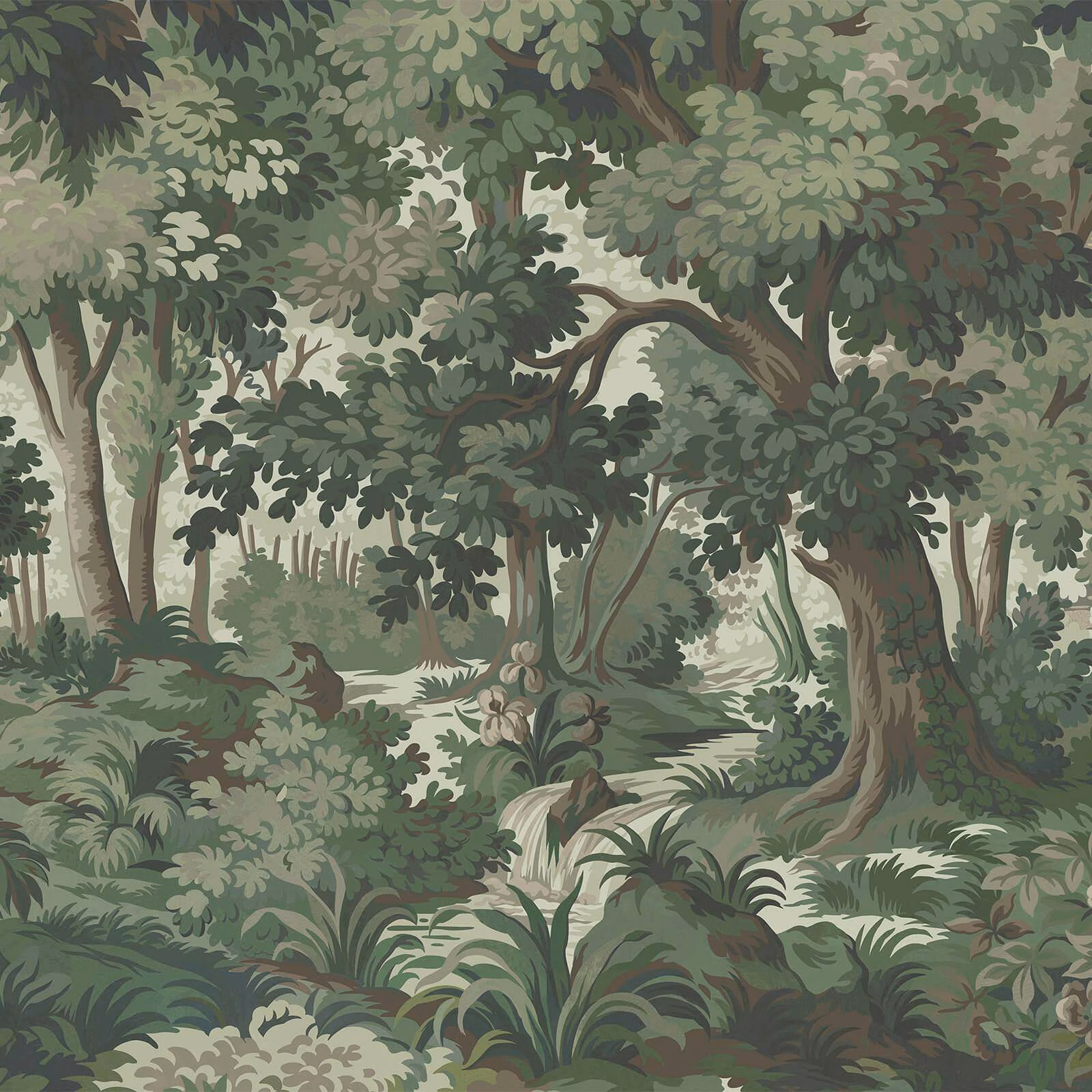 Muted Verde forest wallpaper with layered trees, dense foliage and winding woodland undergrowth