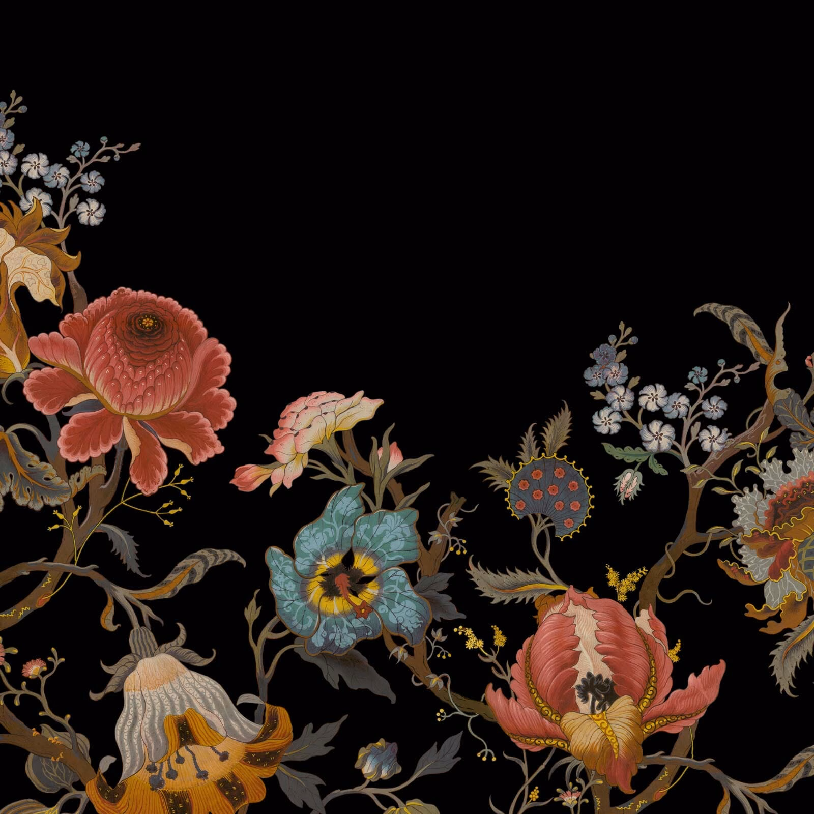 Black wallpaper with coral, teal and ochre botanical blooms on a dark ground