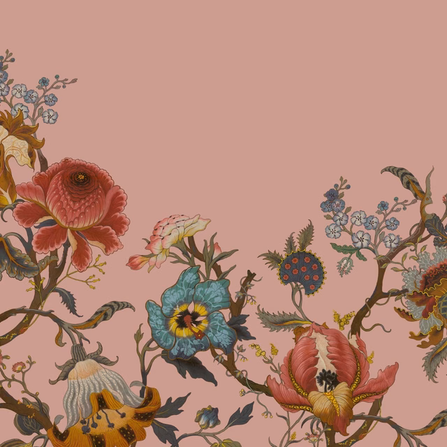 Blush wallpaper with coral flowers, blue-green blooms and curling botanical branches