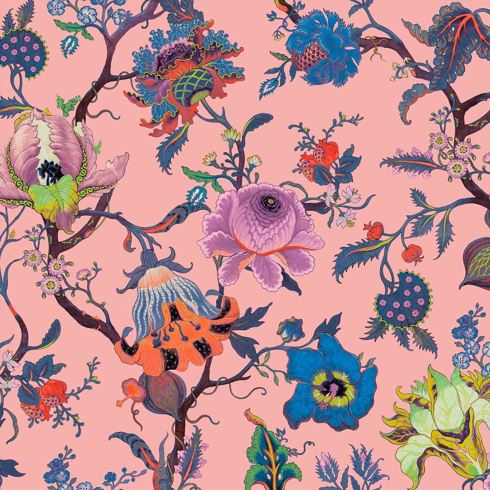 Amaranth pink wallpaper with jewel-toned flowers, curling branches and leafy botanical forms