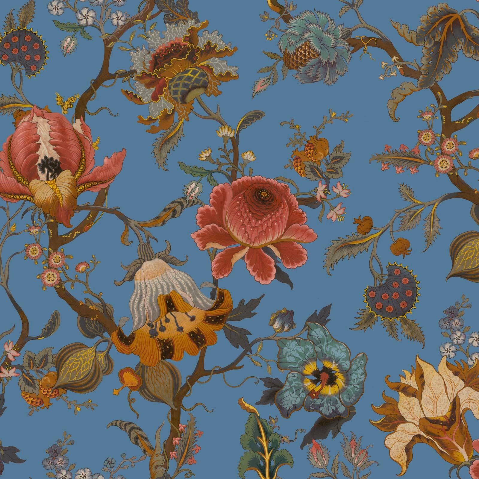 Azure wallpaper with coral blooms, branching vines and teal botanical foliage