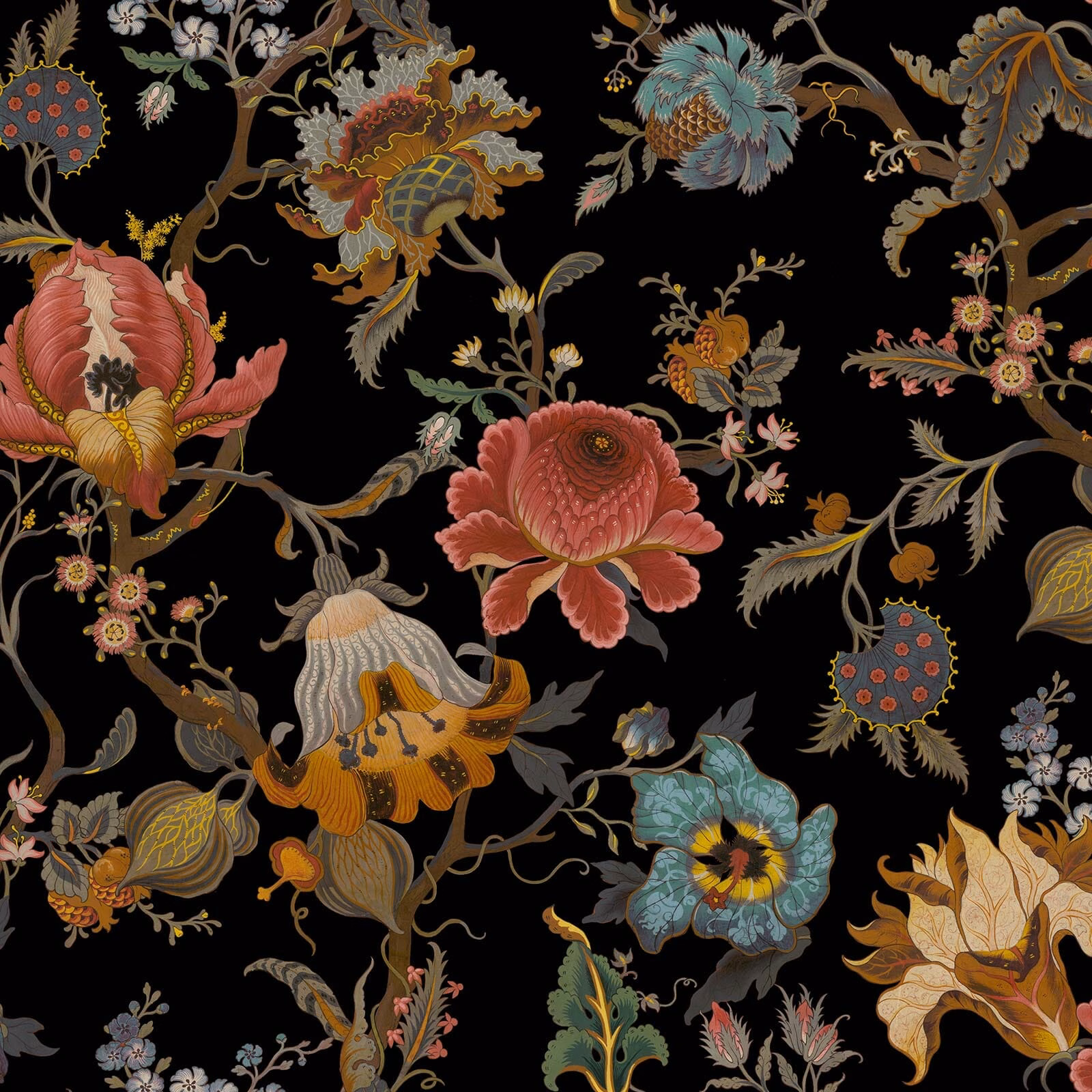 Black wallpaper with coral flowers, teal leaves and curling ochre botanical stems