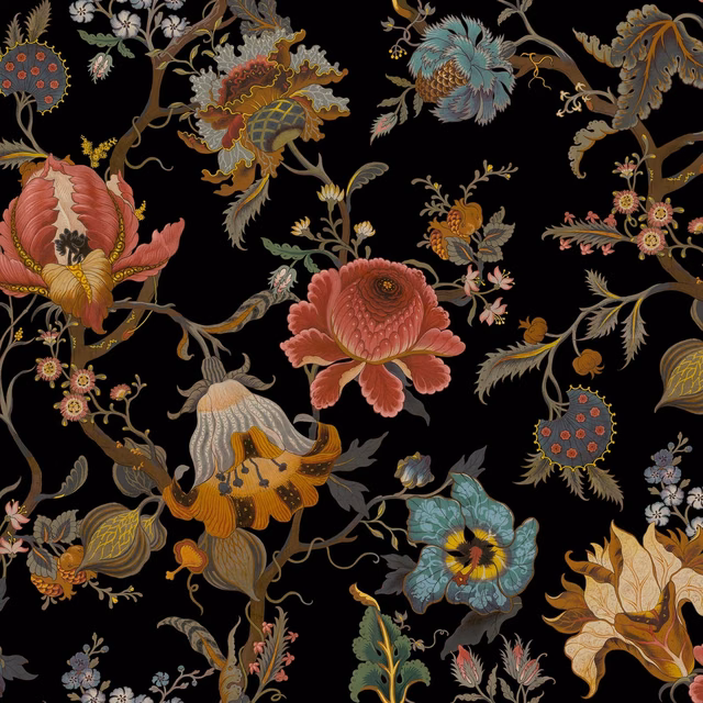 Black wallpaper with coral flowers, teal leaves and curling ochre botanical stems