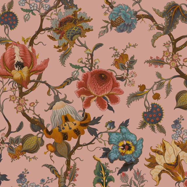 Blush pink ARTEMIS wallpaper with coral flower, teal blooms and curling botanical branches