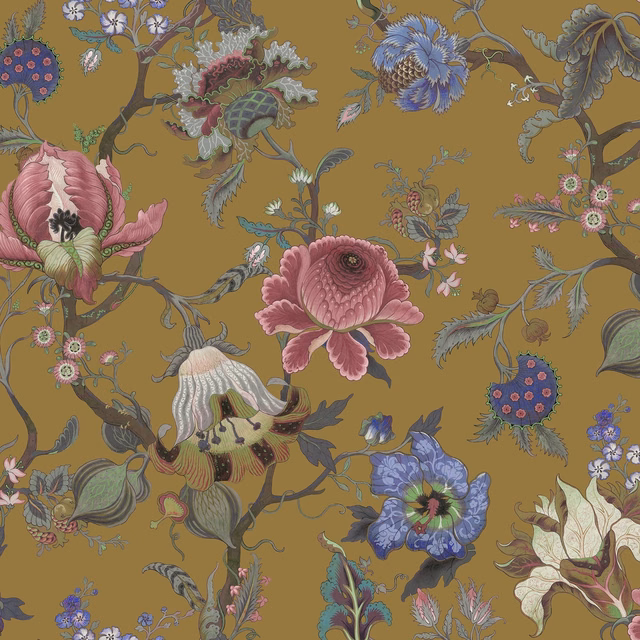Bronze ochre wallpaper with pink, blue and cream botanical flowers and curling branches