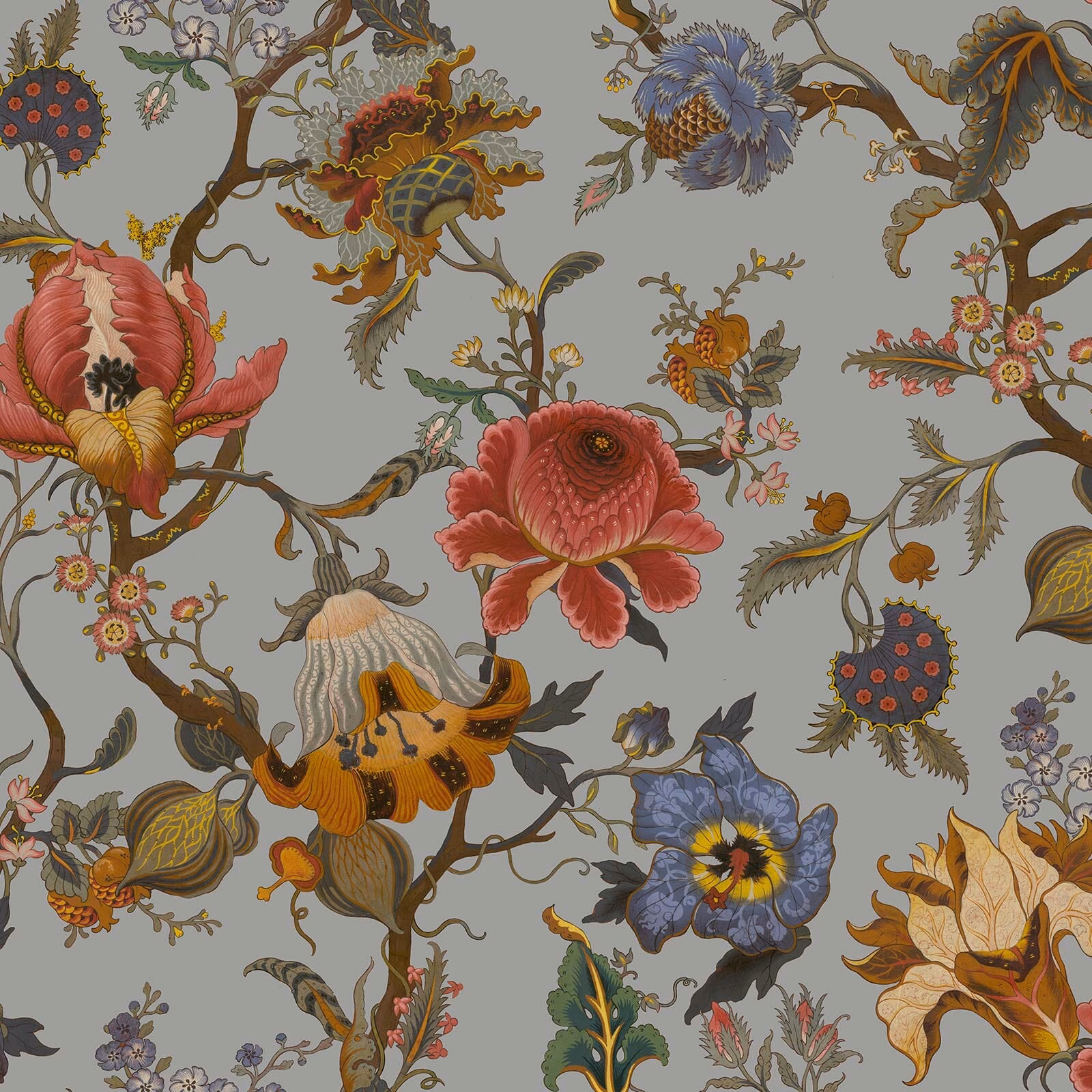 Dove grey wallpaper with coral central flower, blue blooms and curling botanical branches