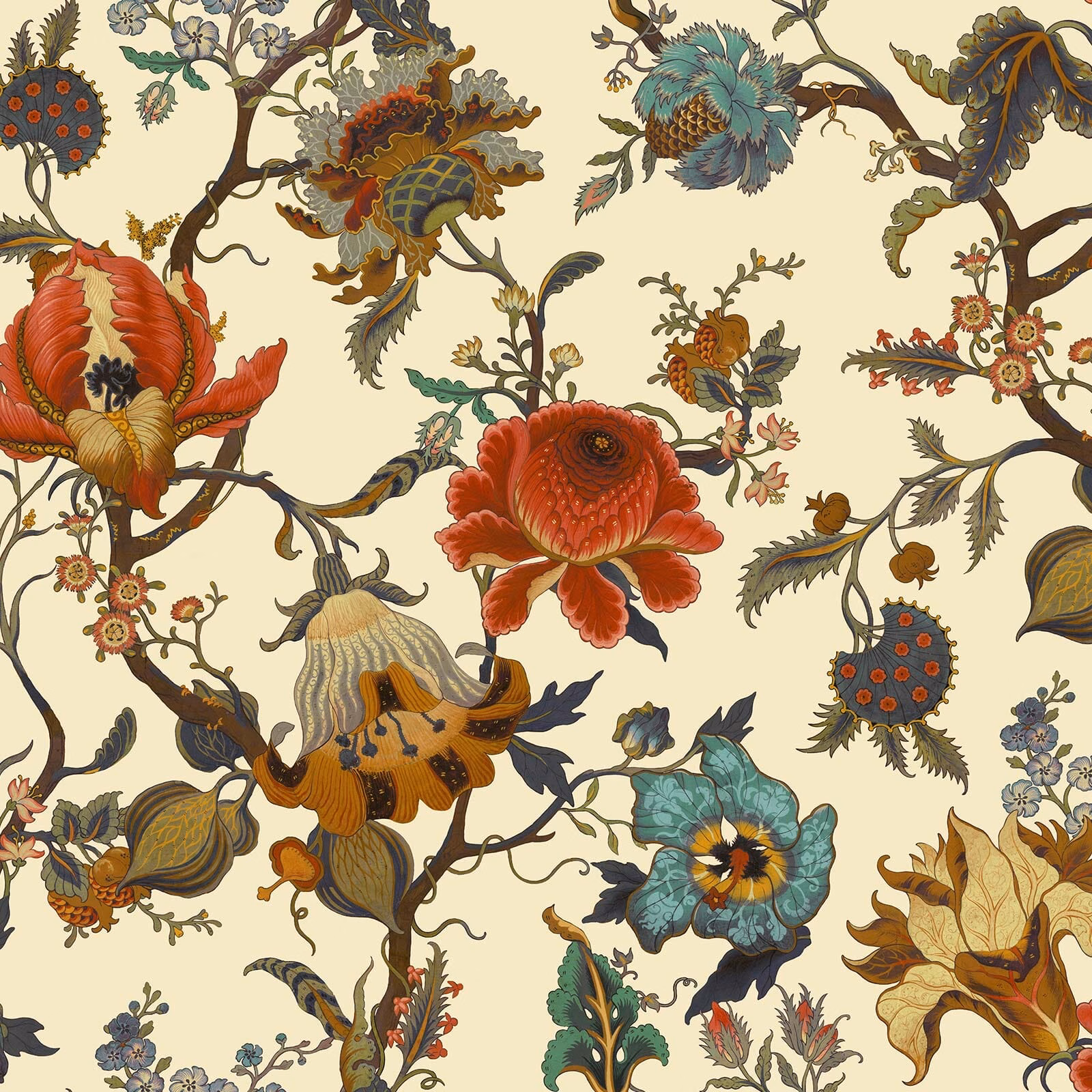 Ecru wallpaper with large red, teal and ochre botanical flowers and curling branches