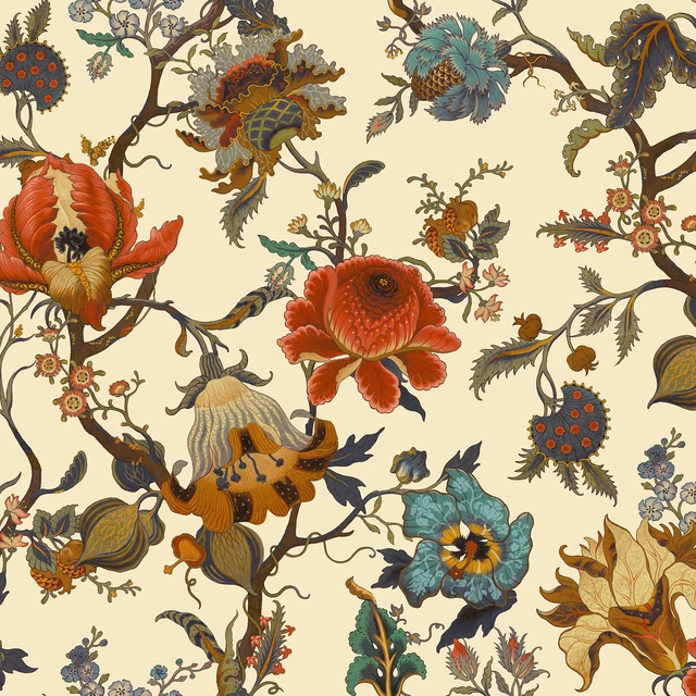 Ecru wallpaper with large red, teal and ochre botanical flowers and curling branches