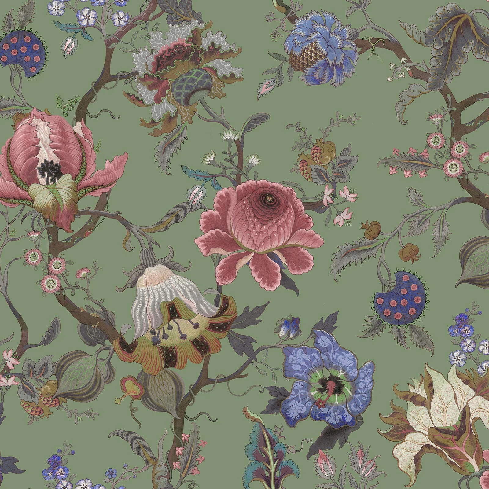 Muted jade-green wallpaper with curling branches and pink, blue, cream botanical flowers