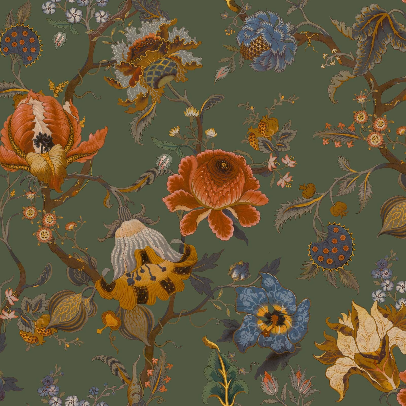 Moss green botanical wallpaper with oversized rust, ochre, blue and cream flowers