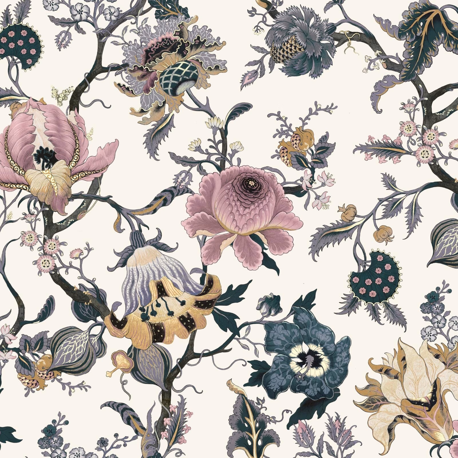 Off-white wallpaper with oversized pink, teal and charcoal botanical flowers and curling stems.