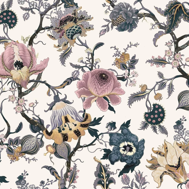 Off-white wallpaper with oversized pink, teal and charcoal botanical flowers and curling stems.