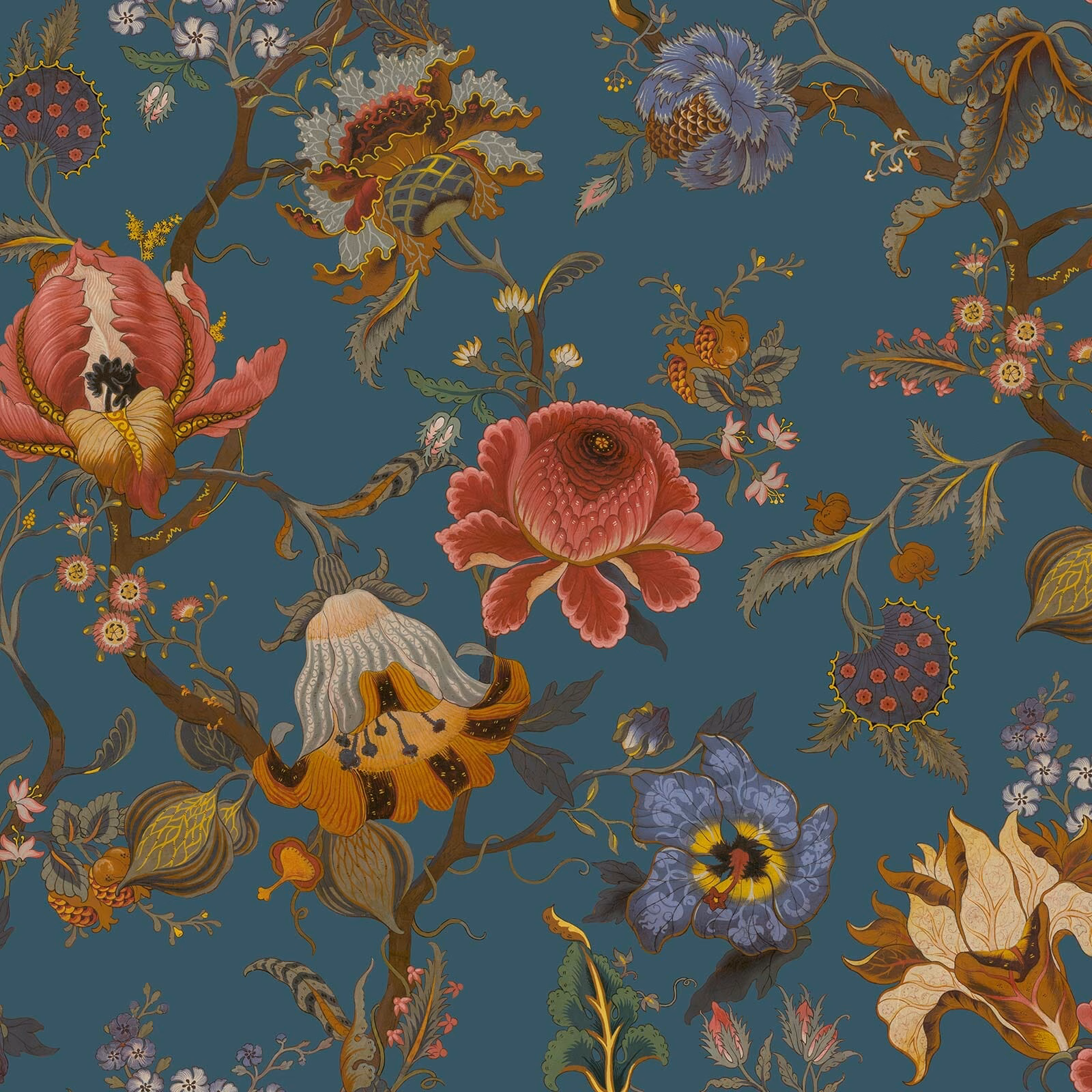 Deep petrol-blue wallpaper with coral blooms, curling branches and jewel-toned botanical detail