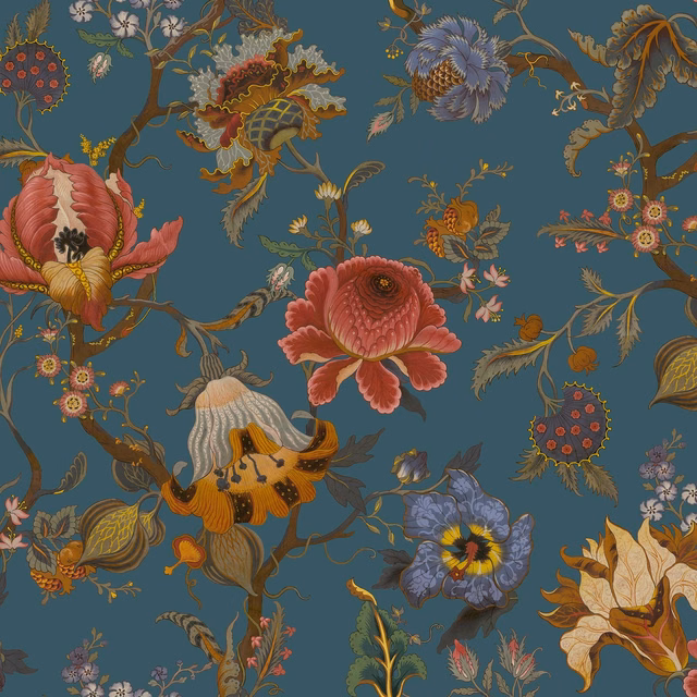 Deep petrol-blue wallpaper with coral blooms, curling branches and jewel-toned botanical detail