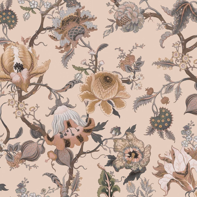 Large botanical wallpaper in plaster beige with flowers, seed heads and curling branches