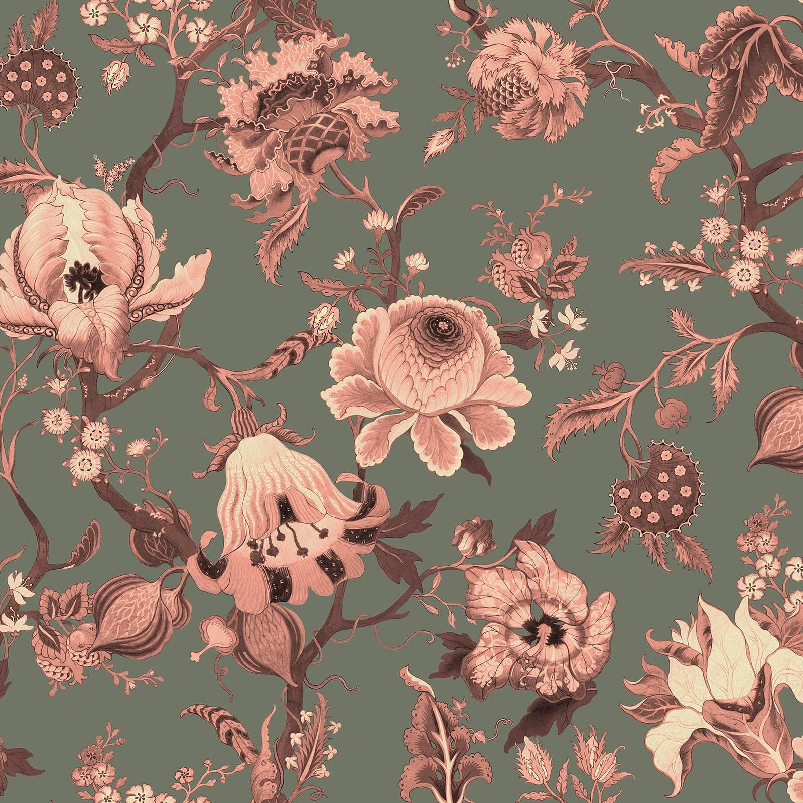 Muted verdigris wallpaper with dusty pink flowers, curling branches and cream botanical accents