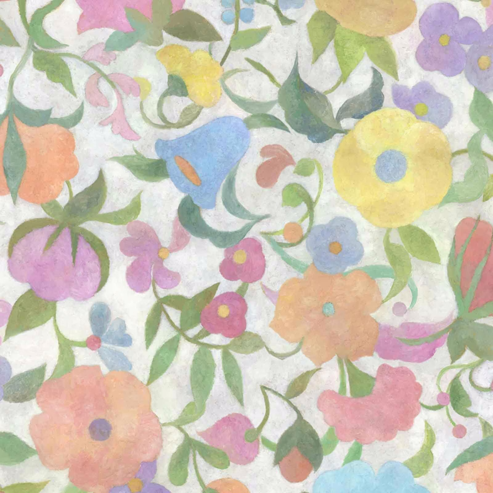 Pastel floral wallpaper with peach, yellow, blue and green flowers on a pale ground