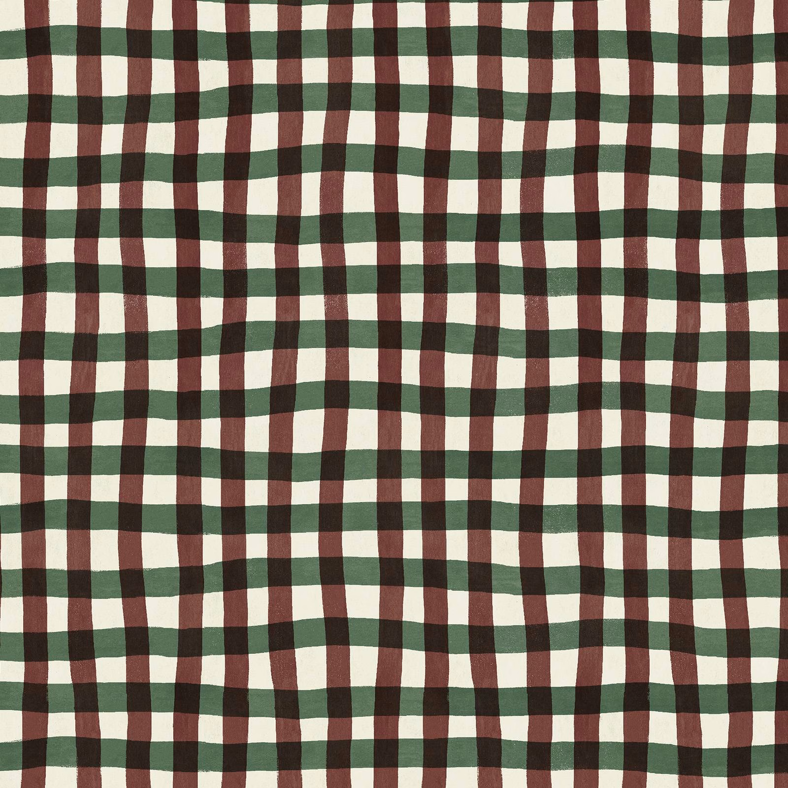 Cream, deep green and russet irregular checks in a softly organic grid