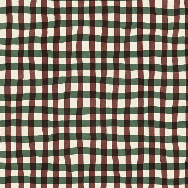 Cream, deep green and russet irregular checks in a softly organic grid