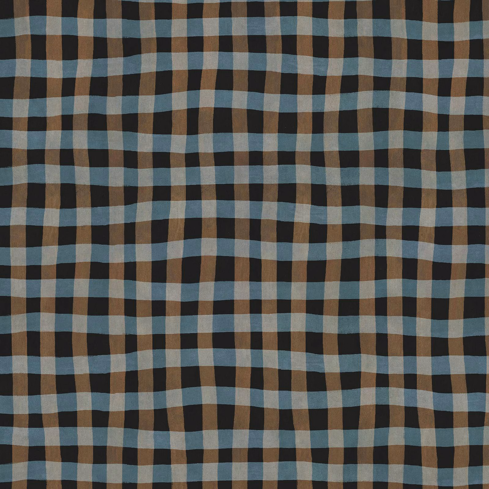 Irregular black wallpaper check with muted blue-grey and camel intersecting bands