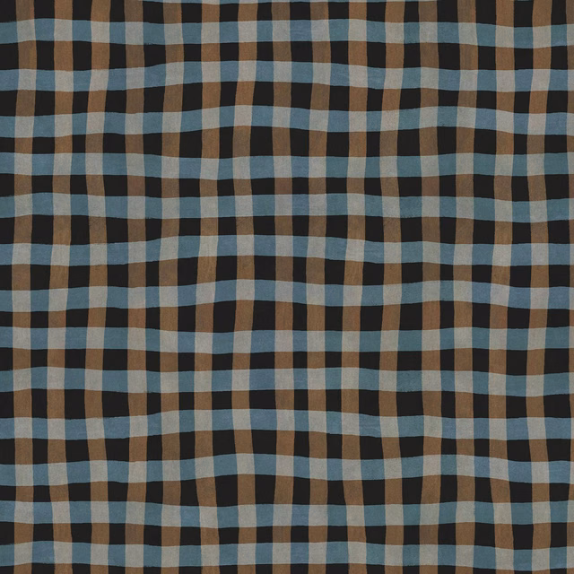 Irregular black wallpaper check with muted blue-grey and camel intersecting bands