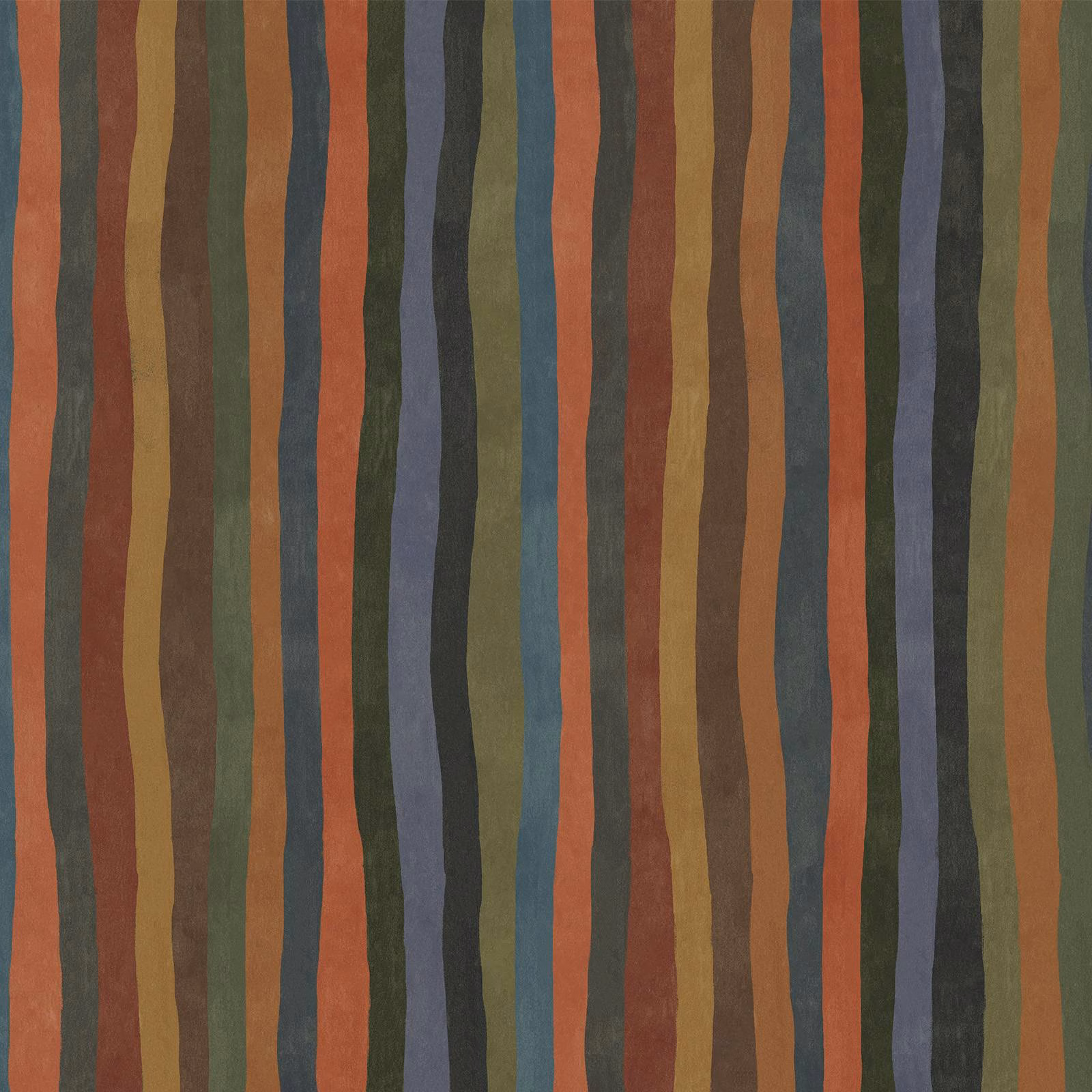 Moss green wallpaper with irregular vertical stripes in rust, ochre, charcoal and blue-grey