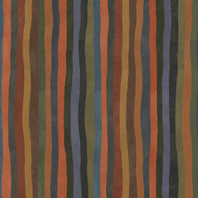 Moss green wallpaper with irregular vertical stripes in rust, ochre, charcoal and blue-grey