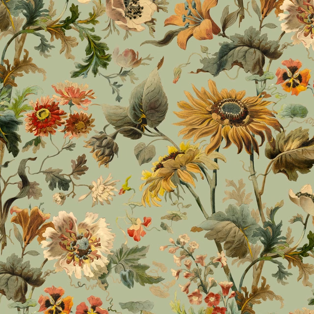 Apple-green botanical wallpaper with ochre sunflowers, coral blooms and painterly olive foliage