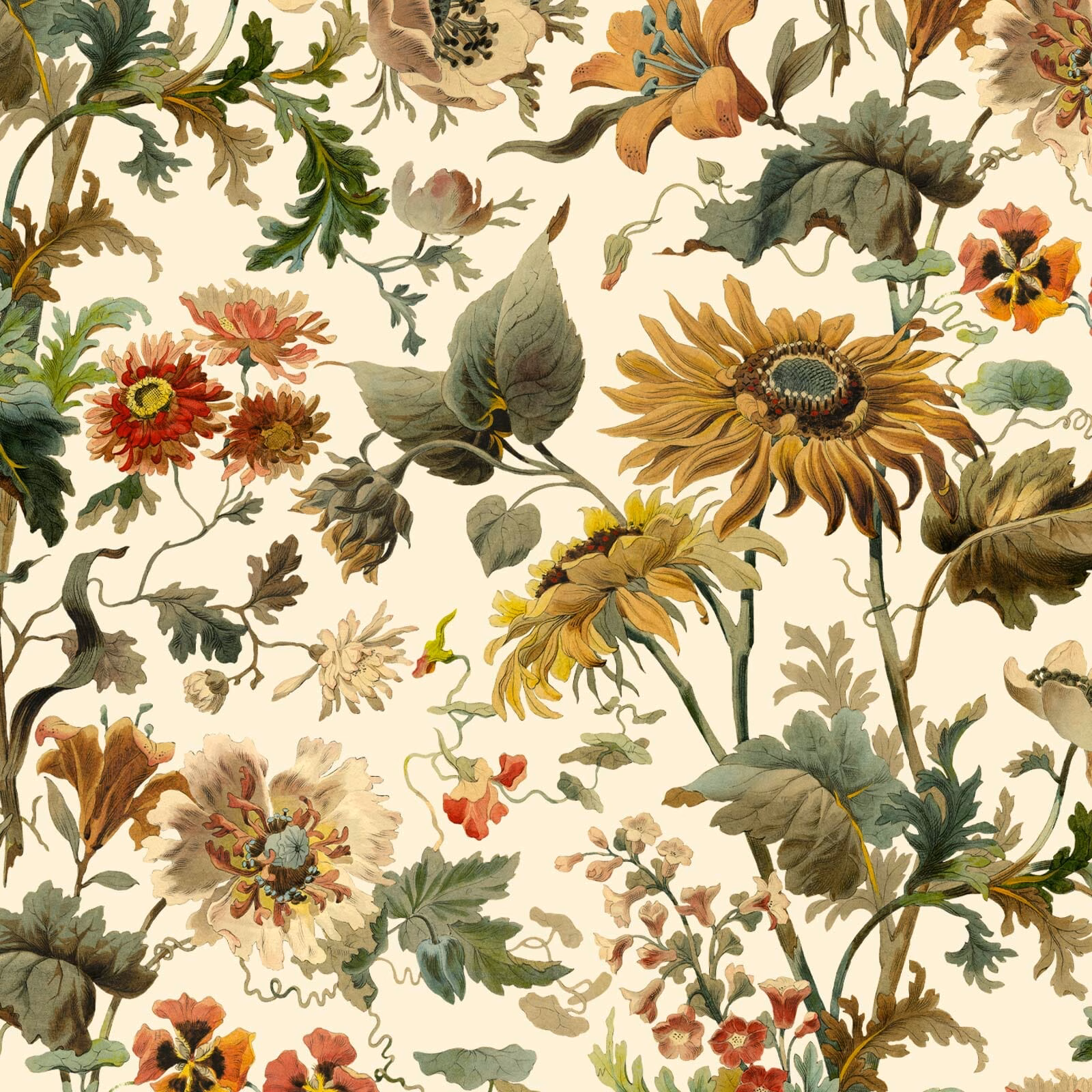 Ecru botanical wallpaper with large sunflowers, dahlias and olive foliage
