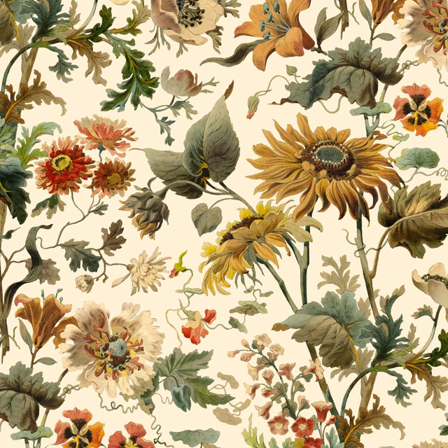 Ecru botanical wallpaper with large sunflowers, dahlias and olive foliage