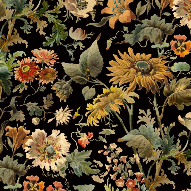 Black wallpaper with ochre sunflower, olive foliage, rust blooms and cream flowers