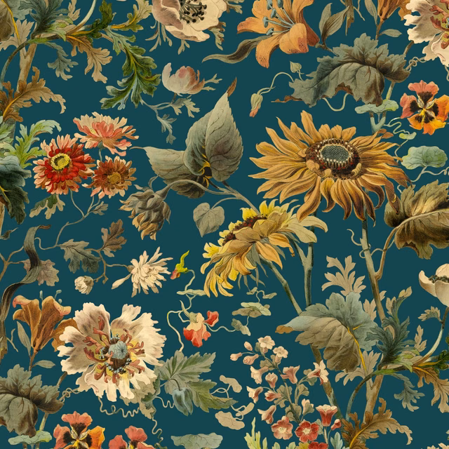Deep petrol-teal wallpaper with ochre sunflowers, coral blooms and layered botanical foliage