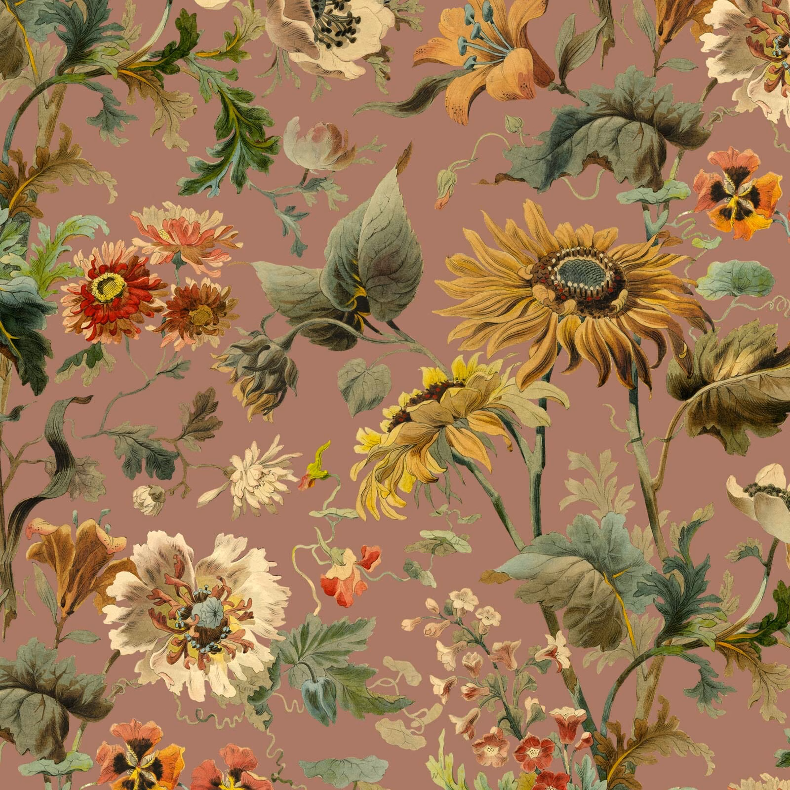 Oversized ochre and cream flowers with green leaves on a dusky puce-pink ground