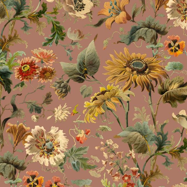 Oversized ochre and cream flowers with green leaves on a dusky puce-pink ground