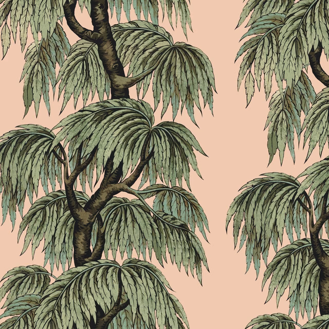 Blush-pink wallpaper with willow-green drooping foliage and dark branching trunks
