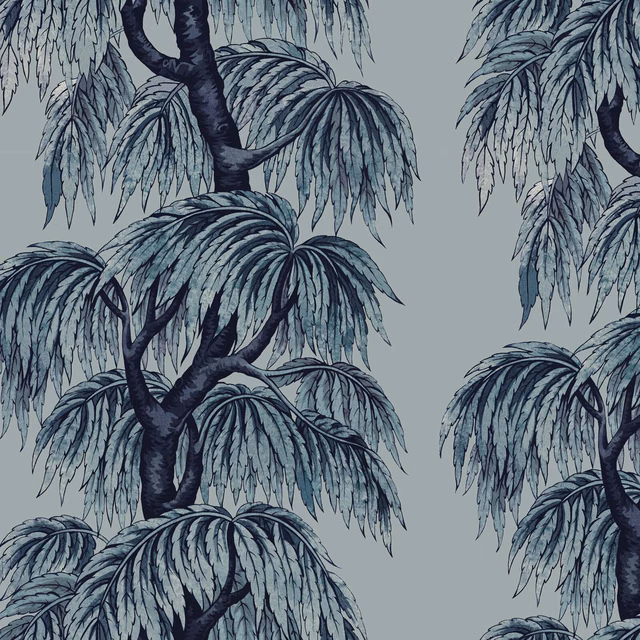 Large-scale willow branches in indigo and blue-grey over a pale celestial-blue ground